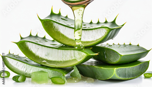 aloe vera gel dripping from sliced pieces isolated on white background photo