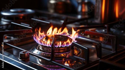 Gas stove with burning flames in the kitchen. Selective focus.