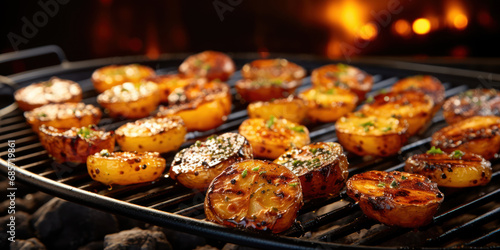 Steaming baby potatoes sizzle on the grill, seasoned and aromatic