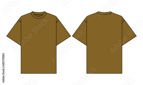 Blank Brown Short Sleeve Oversize T-Shirt Template on White Background. Front and Back View, Vector File.