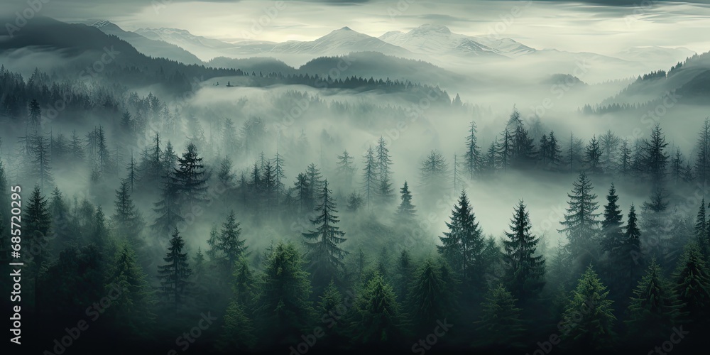 fogy forests and fog with trees and mountains