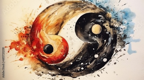 Yin yang symbol of harmony and balance. Watercolor painting. Yin and yang Concept. Yoga Concept. Yin and Yang. Oriental Concept.  photo