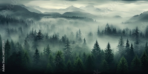 fogy forests and fog with trees and mountains