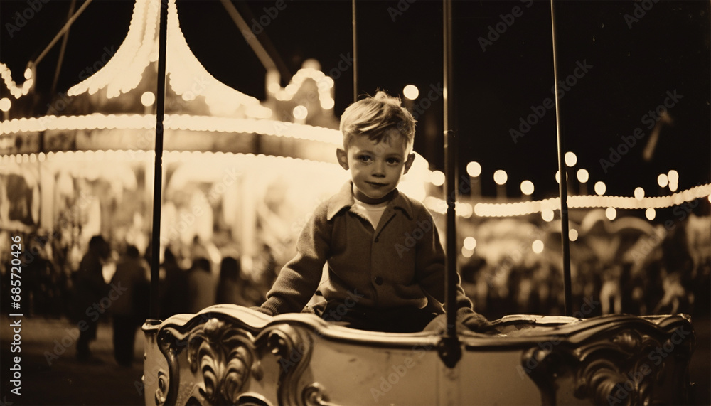 Little boy having fun at a amusement park in the 60s,70s or 80s. Vintage photograph. Happy child on vacation with family on a fair - obrazy, fototapety, plakaty 