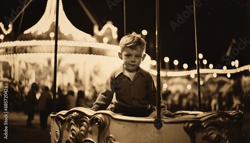 Little boy having fun at a amusement park in the 60s,70s or 80s. Vintage photograph. Happy child on vacation with family on a fair photo