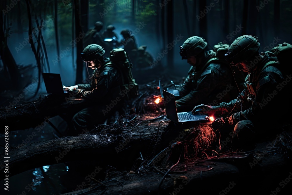 soldiers are working on computers in dark area