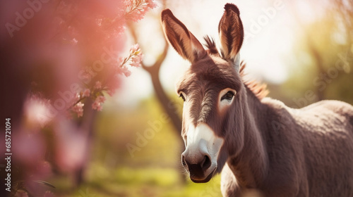 Portrait of a donkey with blurred abstract bokeh flare grass background © BeautyStock