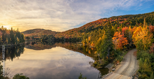 Maine - New England fall foliage with sunset autumn colors