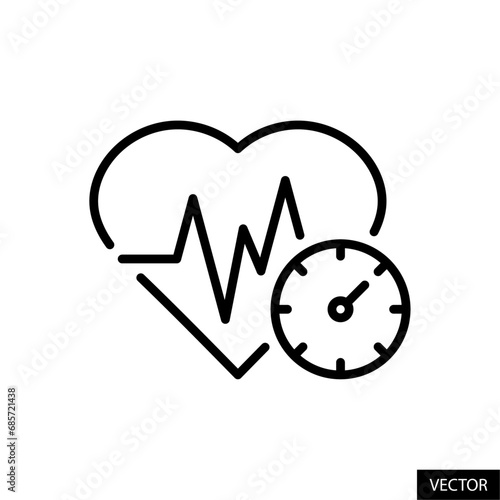 Blood pressure, heartbeat monitor, heart rate, hypertension vector icon in line style design for website, app, UI, isolated on white background. Editable stroke. Vector illustration.