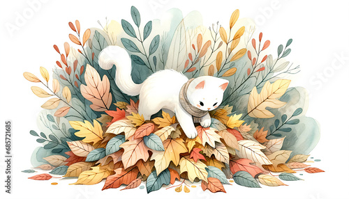 Vibrant watercolor illustration with adorable white cat playing with autimn leafs in yard. Design for kids, cards, background. Cute and funny, cartoonish