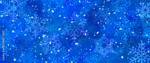 Winter blue vector background with vector snowflakes. Ice. Cold. Frozen water. Hand-drawn watercolor brush strokes. Christmas abstract illustration for background. 