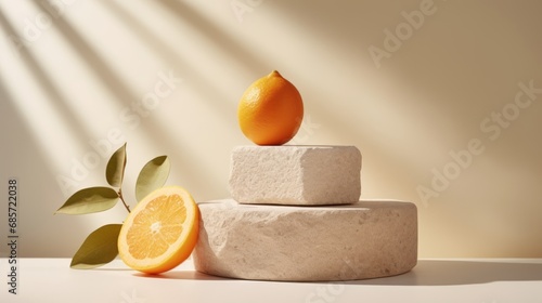 This carefully designed presentation captures the essence of a natural and radiant beauty regimen, where the combination of porous stones, fresh oranges, and a sunny studio setting forms an aesthetica photo