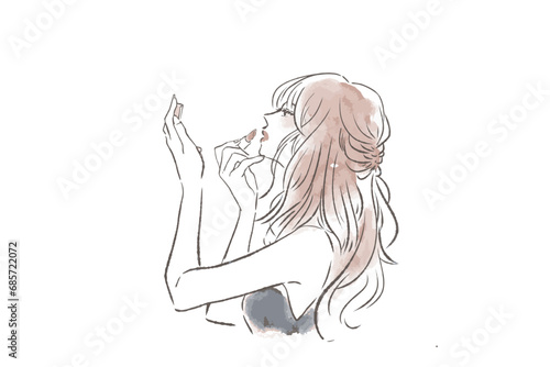 鏡を見ながらリップを塗る女性のイラスト