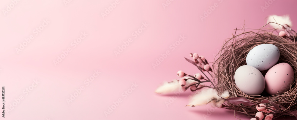 Pink Easter eggs in nest on pastel background. Easter composition. Banner, space for text.