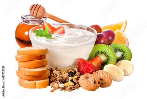 composição de café da manhã com iogurte natural, kiwi, morango, uva, mel, torrada e biscoitos isolado em fundo transparente photo
