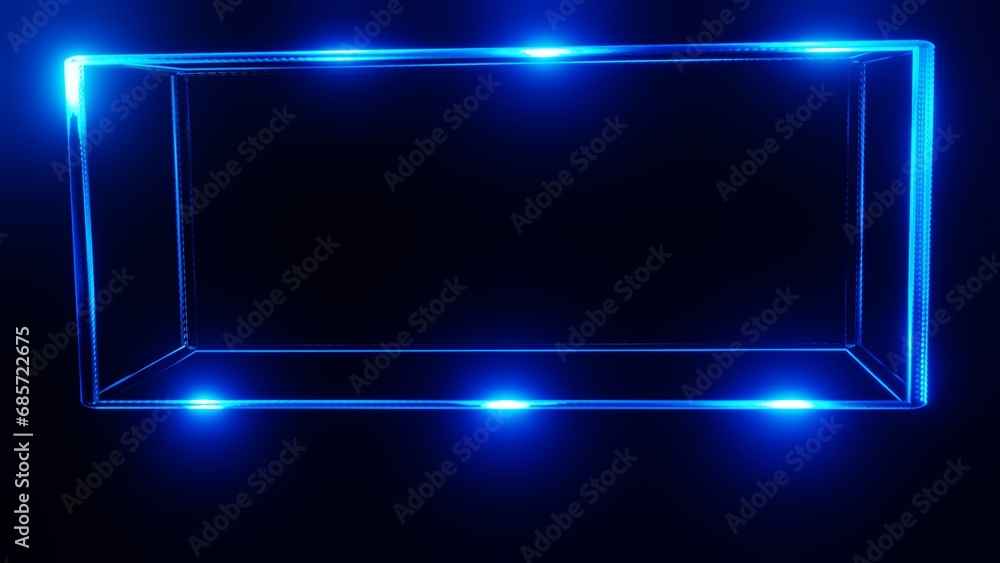 Abstract blue background with lights, neon light frame, neon light polaroid wallpaper, neon light photo picture frame