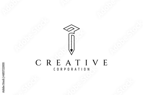 Education concept logo design with pencil icon symbol and graduation cap in continuous line art design style