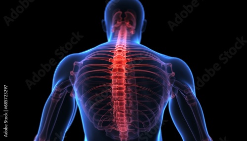 A man having acute pain in the back, 3D Illustration, Muscle is a soft tissue, Muscle cells contain proteins, producing a contraction that changes both the length and the shape of the cell.