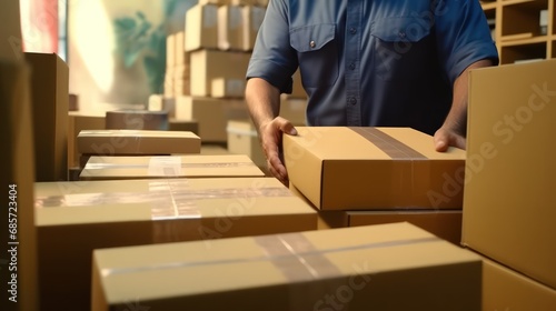 Delivery service. Close-up hands with a cardboard box. Serviceman while working in a postal service warehouse. Cardboard boxes with parcels from online stores at the post office.