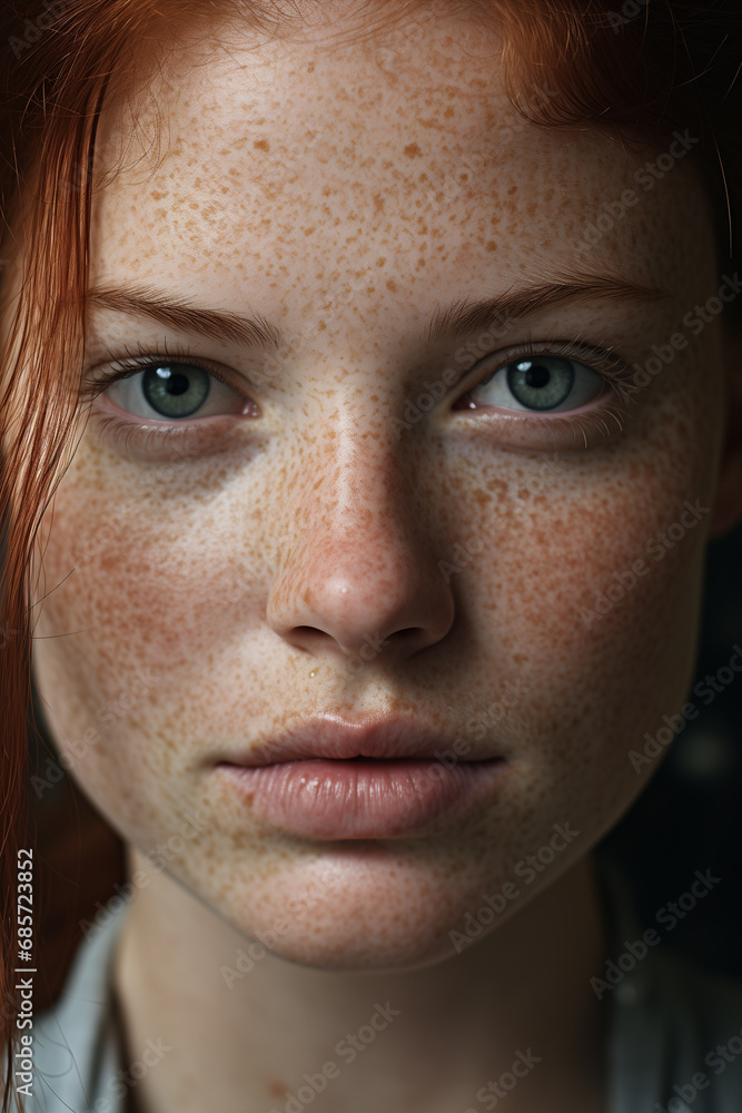 Obraz premium Close up of red haired woman with freckles, ai generated