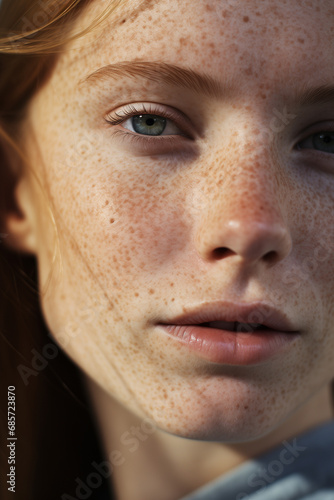 Close up of red haired woman with freckles, ai generated