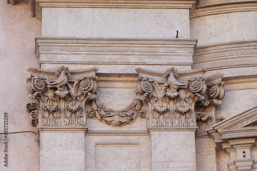 Sant'Agnese in Agone Church Facade Sculpted Detail with Doves Holding Olive Branches in Rome, Italy