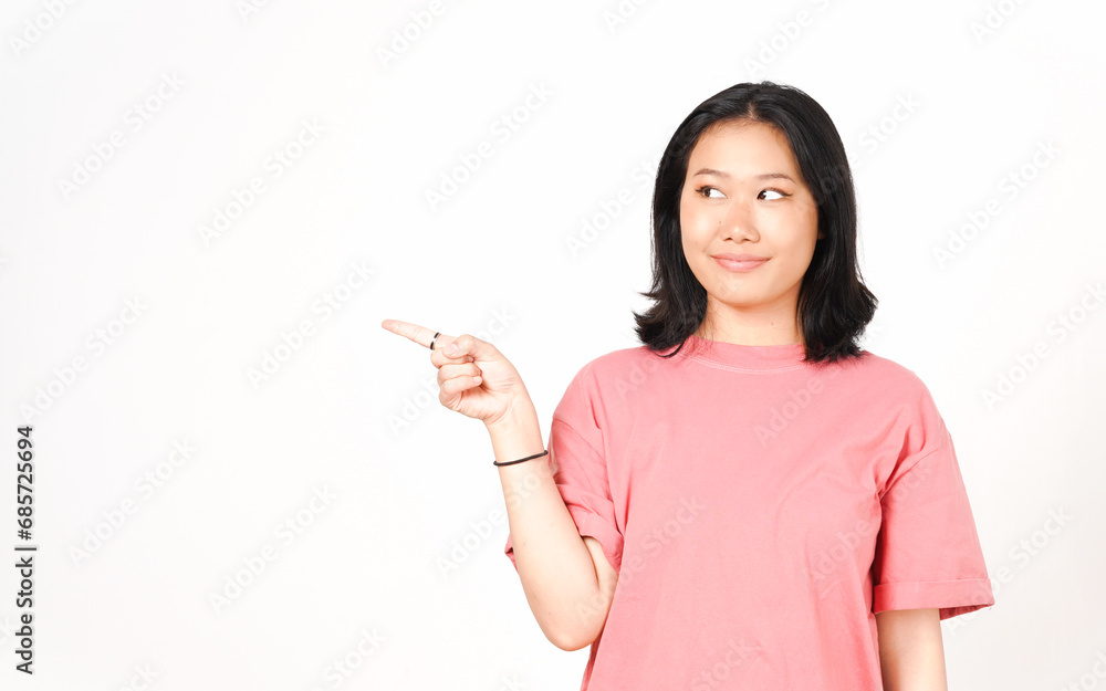 Smiling and Pointing side copy space Of Beautiful Asian Woman Isolated On White Background Smiling and Pointing side copy space Of Beautiful Asian Woman Isolated On White Background