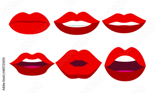 Red female lips, kiss set sexy girl's mouth, smile female red mouth, cartoon smile red lipstick vector graphics eps10