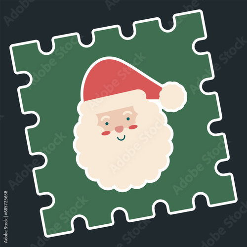 Dark Green Postage Stamp sticker with Happy Santa Claus Head vector illustration