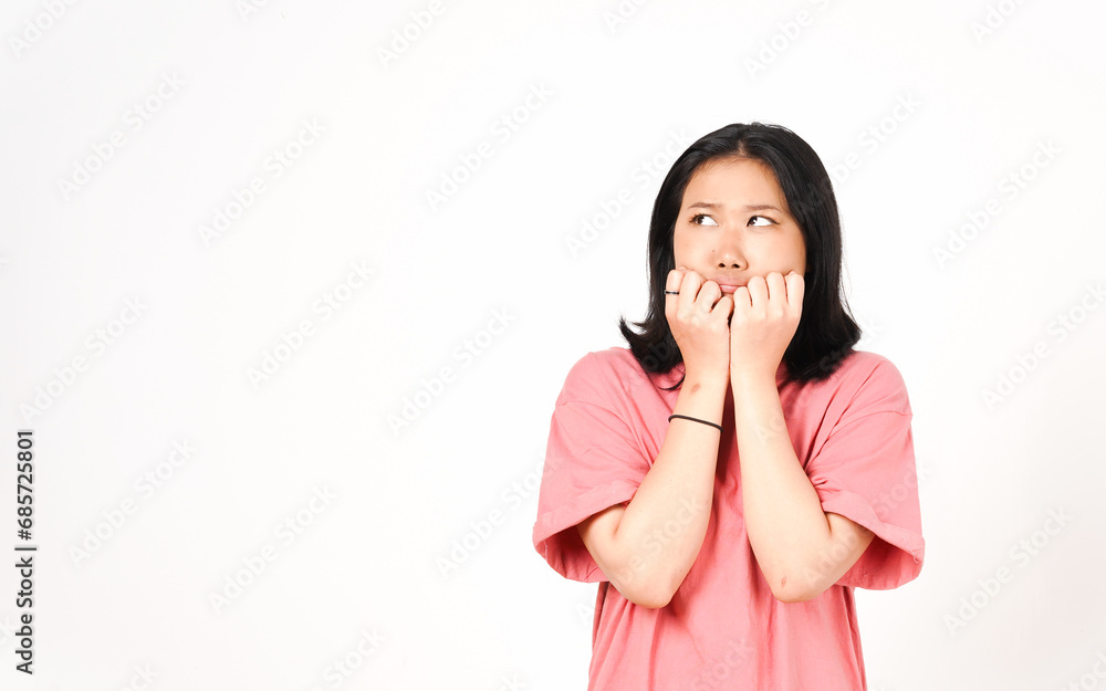 Afraid nail bite and looking side Of Beautiful Asian Woman Isolated On White Background Afraid nail bite and looking side Of Beautiful Asian Woman Isolated On White Background