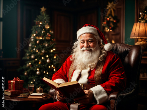 Portrait of Santa Claus sits smiling. Generated by AI photo