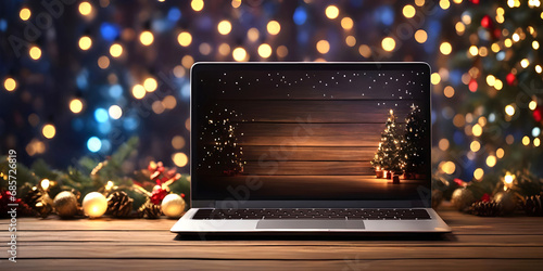 Laptop on wooden table in front of defocused christmas lights photo