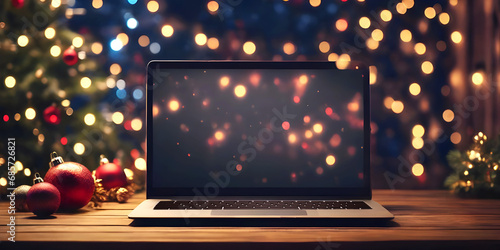 Laptop on wooden table in front of defocused christmas lights
