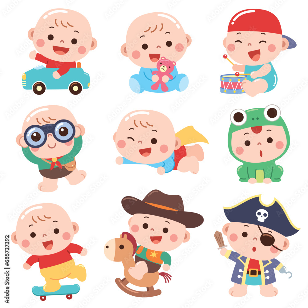 A charming and colorful cartoon-style illustration featuring babies dressed in various fun costumes and engaging in playful activities. A charming and colorful cartoon-style illustration featuring babies dressed in various fun costumes and engaging in playful activities.