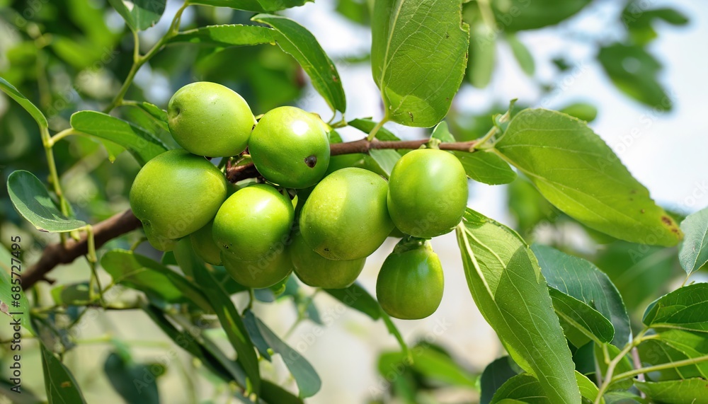 Fresh green jujube on jujube tree