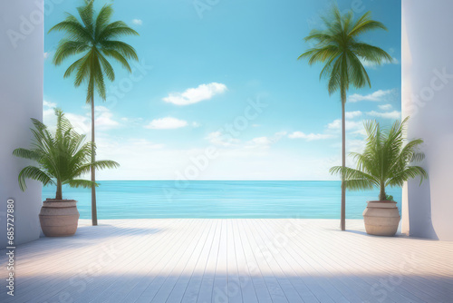 beach scene with palm trees and a blue sky .Generative AI