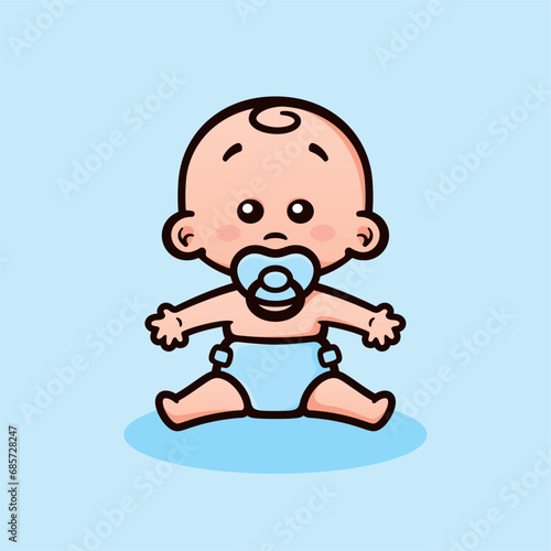 Vector color image of cute sitting baby boy with pacifier and diaper.