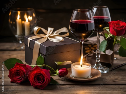 A gift box with golden ribbon  red wine  candles and bouquet of roses  for valentine s day  anniversary  wedding  poster  cards  etc. 