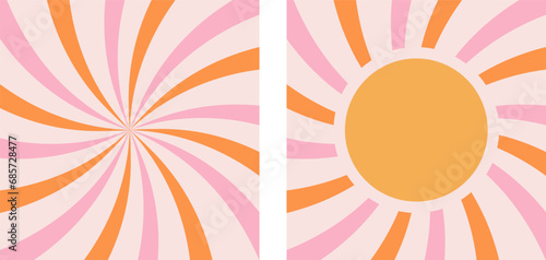 Groovy retro sunshine poster set. Groovy sun pastel backgrounds, vintage retro 70s print. Groovy striped background rays in the center. Sunburst vintage backgrounds. Pastel vector illustration.