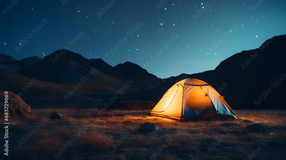  camping tent glows under a night sky full of stars.