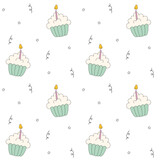 Birthday cupcake seamless pattern with candle on white background, cartoon flat design