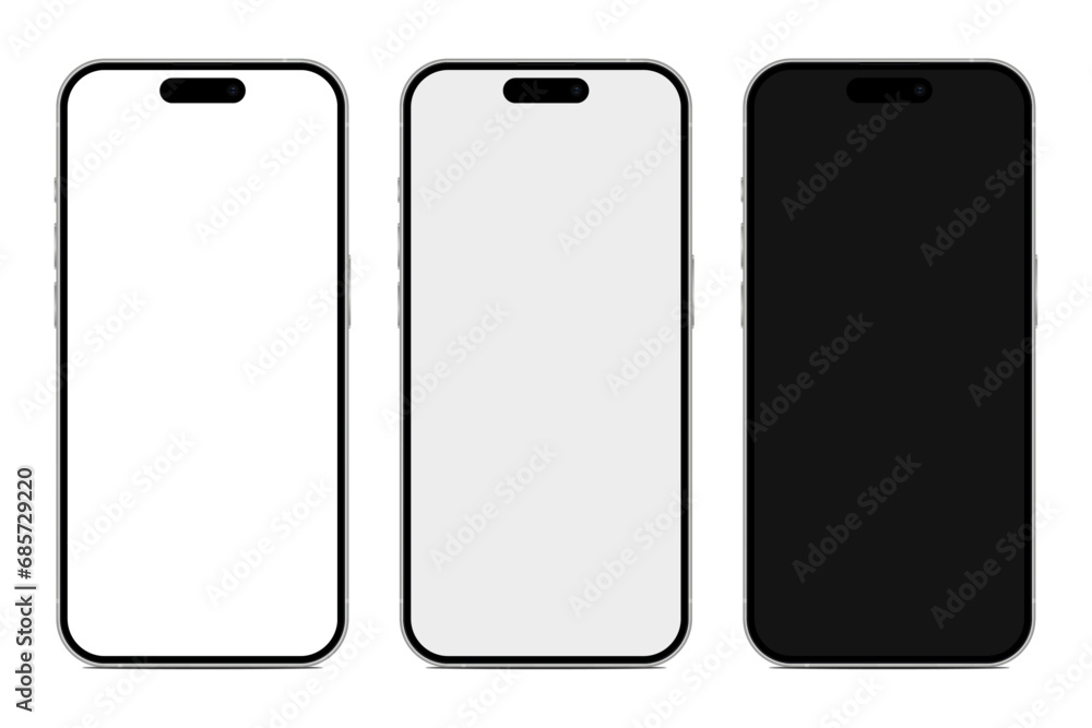 White modern mobile phones with 3 different screen mockups, high realistic vector graphic. White modern mobile phones with 3 different screen mockups, high realistic vector graphic.
