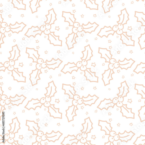 Seamless pastel monochrome pattern with Christmas botanical greenery plants. Endless texture for gift wrap, wallpaper, web banner, wrapping paper and fabric. Vector holiday background
