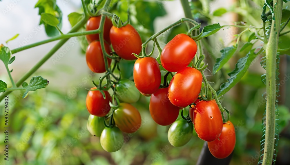Cherry tomatoes, ripen on the vine in a garden Cherry tomatoes, ripen on the vine in a garden