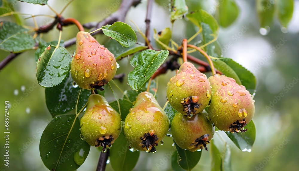Wild pear fruits on their branch Wild pear fruits on their branch