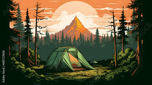 tent in a forest vector camoing silhouette outdoor camping.