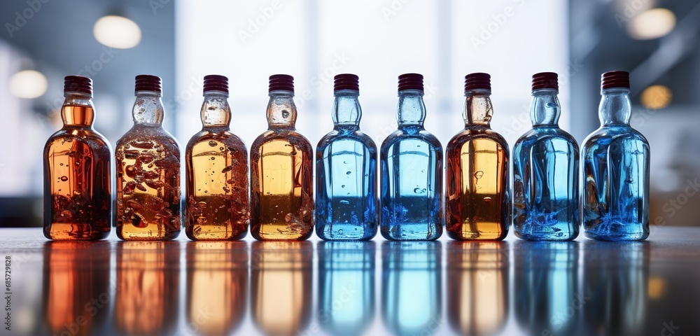 A row of colorful glass bottles filled with liquid on a table against a lit space background A row of colorful glass bottles filled with liquid on a table against a lit space background