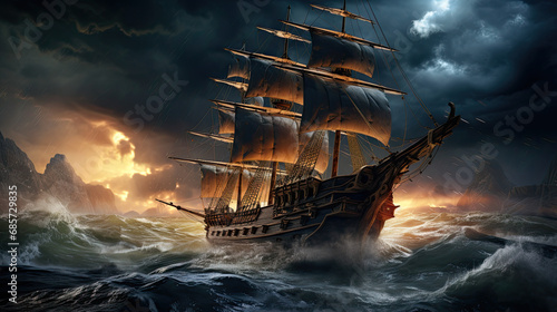 pirate ship sailing during a storm. pirate ship on a night storm seaside photo