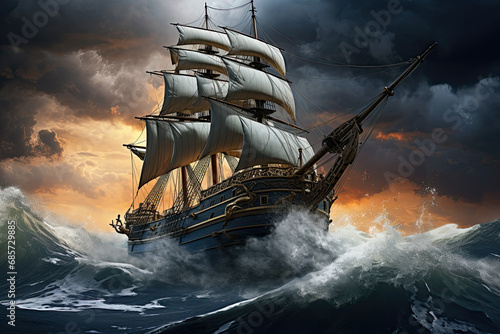 pirate ship sailing during a storm. pirate ship on a night storm seaside
