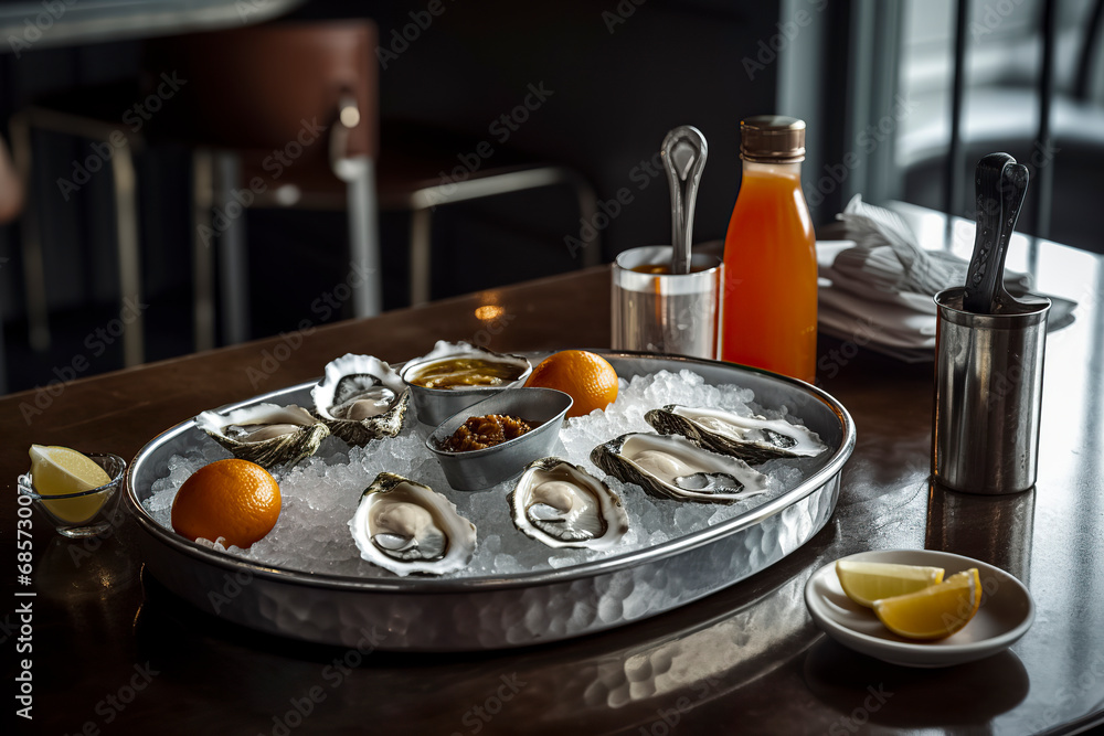 oysters on ice with lemon wedges and condiments, placed on a wooden table in a restaurant, ai generative